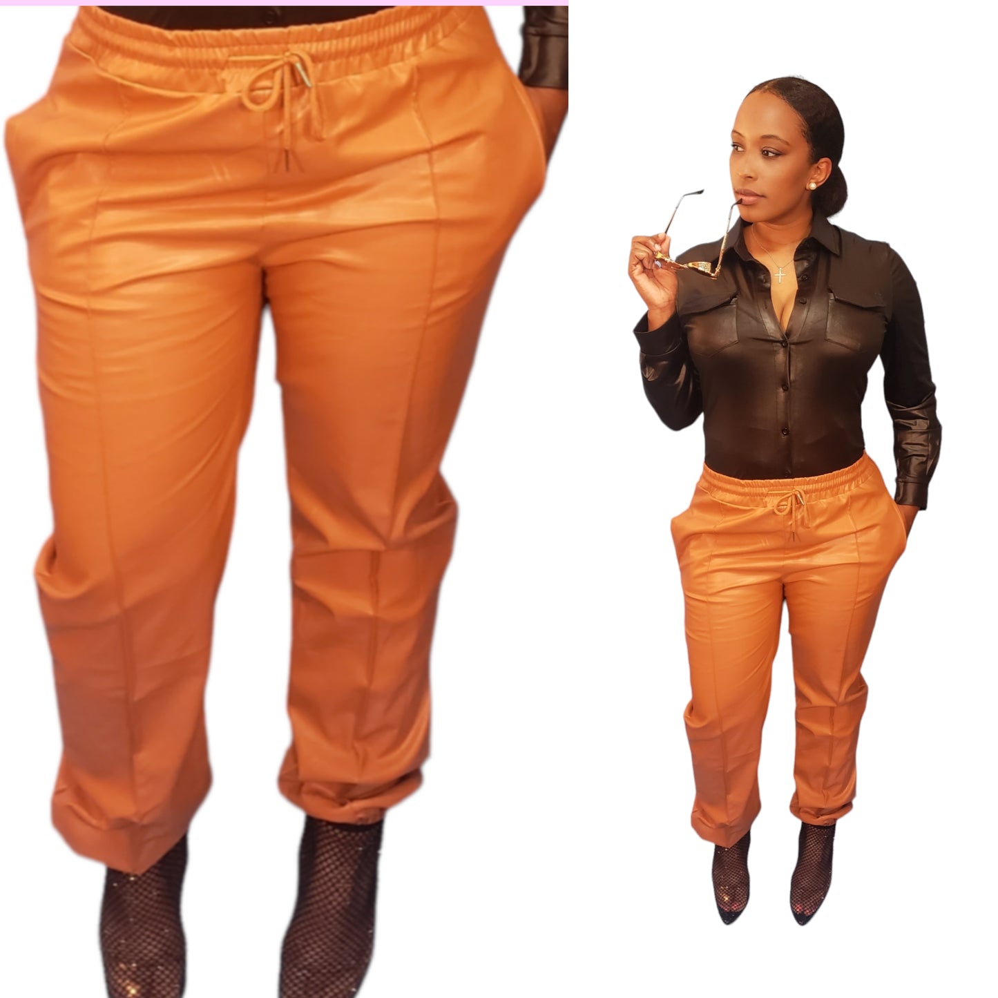 NEW Take Me There Leather Drawstring Joggers (Brown)