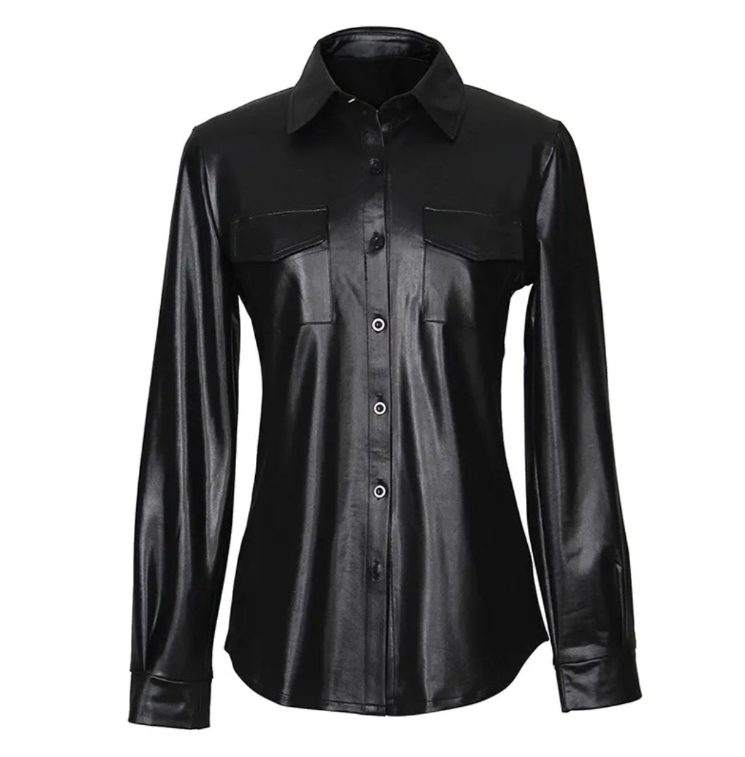 NEW Leather Button Down Long Sleeves (Black)