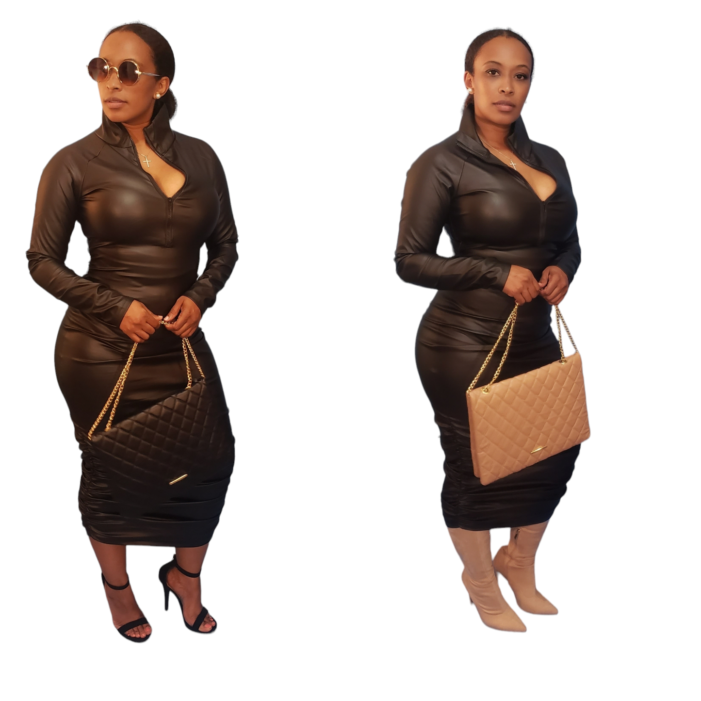 NEW Fit Me Like A Glove Ruched Leather Midi Dress