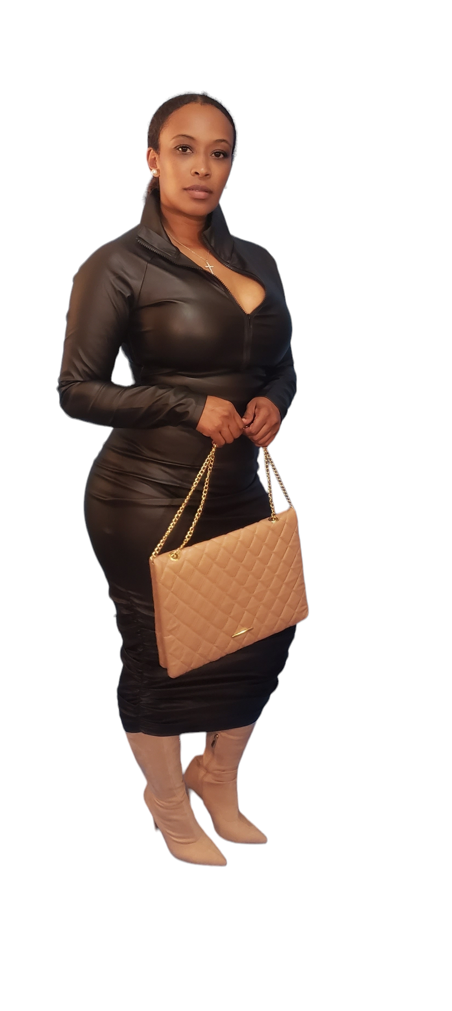 NEW Fit Me Like A Glove Ruched Leather Midi Dress