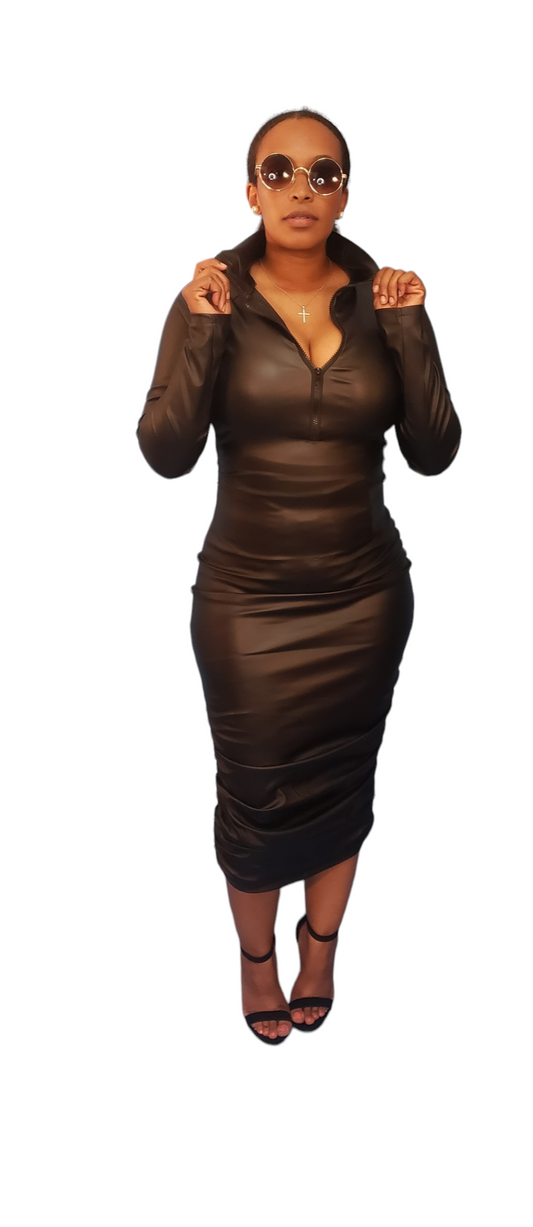 NEW Fit Me Like A Glove Ruched Leather Midi Dress